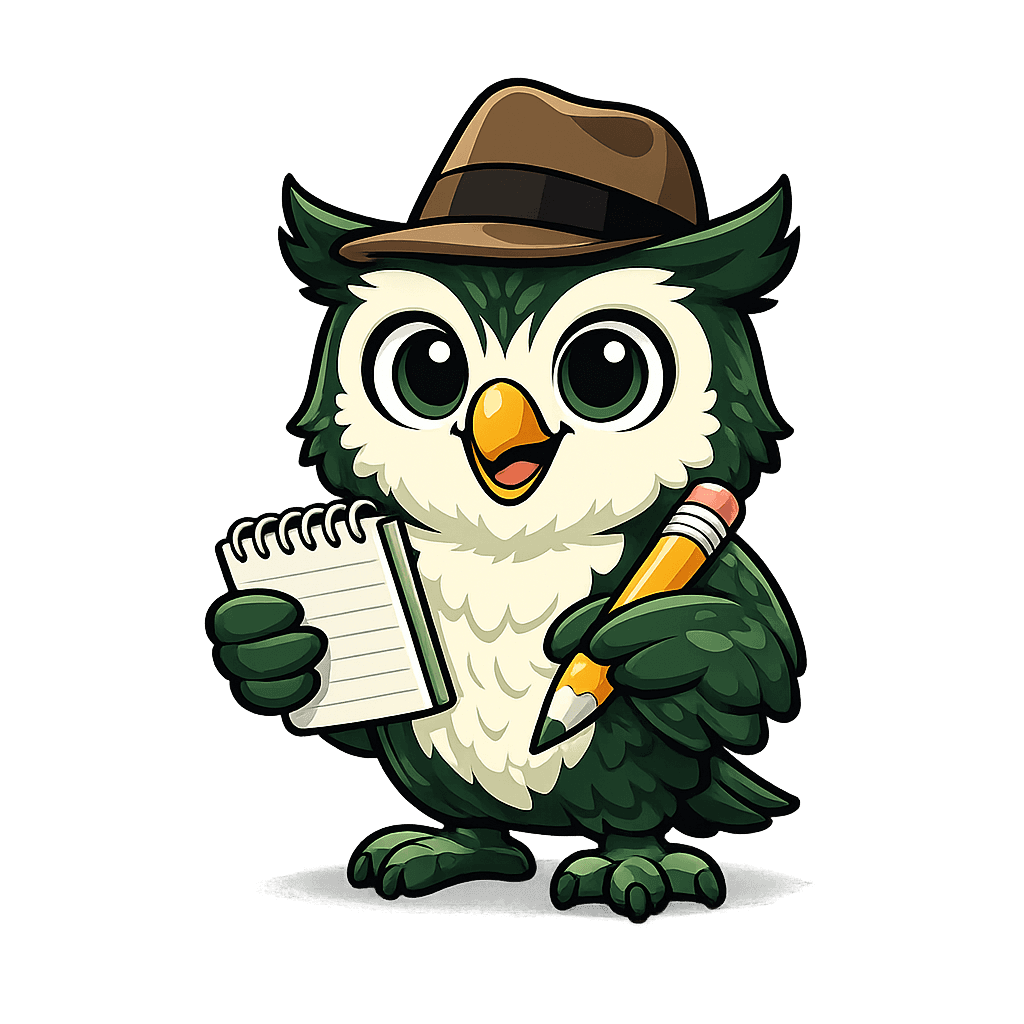 An owl with a pen and notepad representing the app