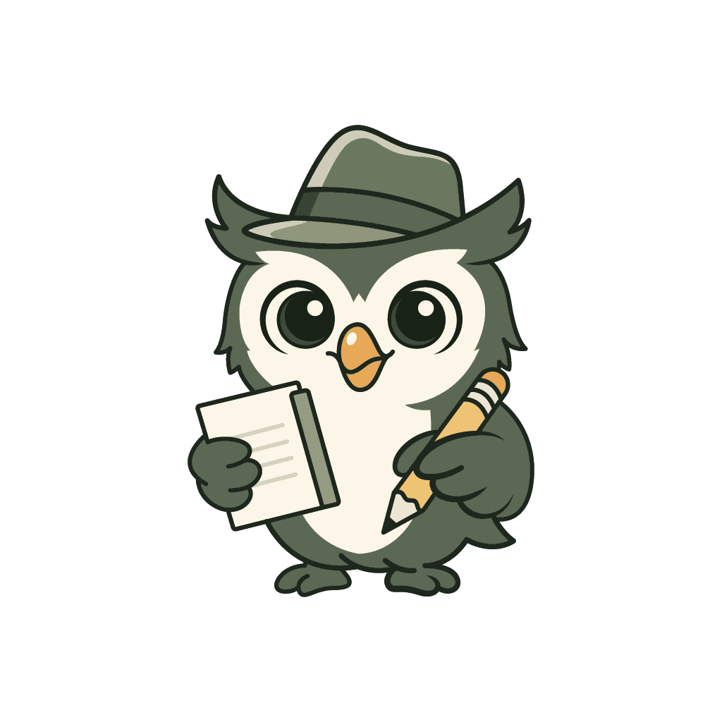 An owl with a pen and notepad representing the app